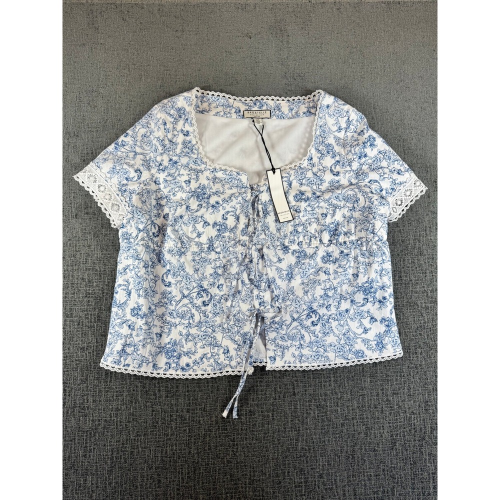 Bagatelle Collection Blue‎ White Floral Lace Trim Tie Front Blouse Top Large NEW